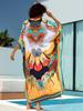 EDOLYNSA 2024 Bohemian Chic Print Plus Größe V-ausschnitt Fledermaus Ärmel Kaftan Frauen Sommer Urlaub Strand Kleid Bademode Cover Up Lose Robe