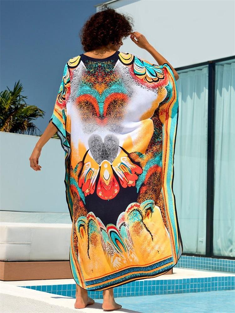 EDOLYNSA 2024 Bohemian Chic Potisk Velké velikosti Netopýří rukáv Kaftan Ženy Letní dovolená Plážové šaty Plavky Zahalení Volný župan