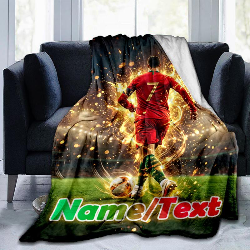 1PC Custom Name Soccer Player Action Outdooor Flannel Blankets Throw Blanket All-Season Throw Gift Bedspread for Couch, Bed, Camping Holiday Birthday 