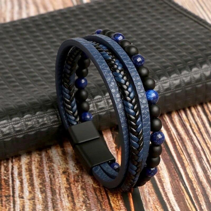 Men Leather Bracelet Classic Fashion Tiger Eye Beaded Multi Layer Leather Bracelet For Men Zircon Gift