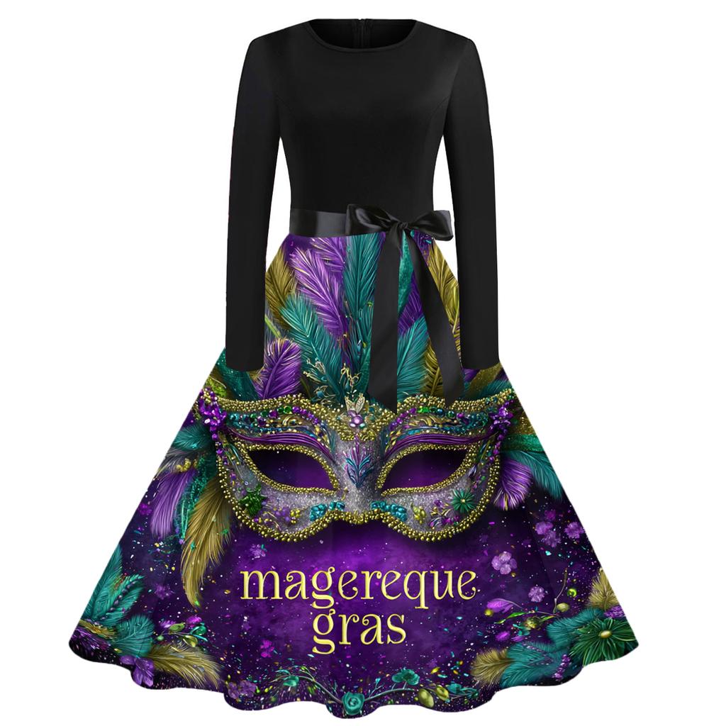 Damen Casual Mode Rundhals Karneval Bedrucktes Vintage Kleid