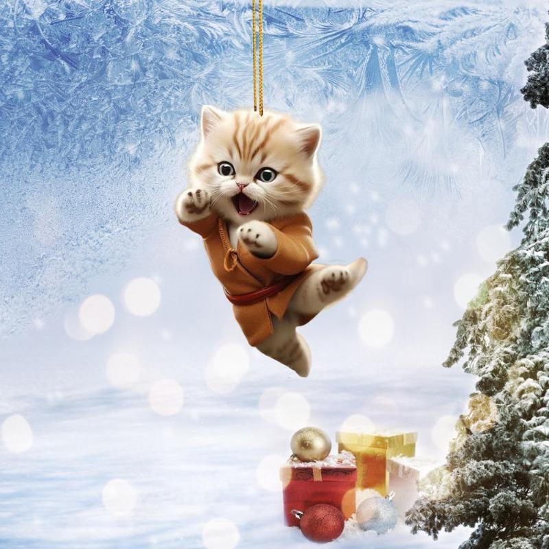 New Plane 2D Christmas Creative Kung Fu Cat Christmas Home Car Pendant Christmas Tree Decorations Acrylic Flat Pendant Wallet Pendant