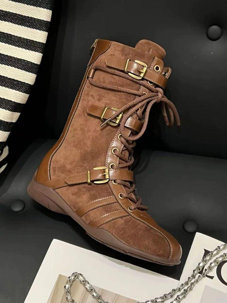 

Cowhide version~ 5cm inner height increase thick-soled boxing boots women s upgraded version duck hunting boots belt buckle design Martin boots short 40