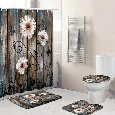Ensemble de rideaux de douche en bois, ensemble de salle de bain décoratif, tapis antidérapant, couverture de toilette, tapis de bain et 12 crochets, 4 pièces