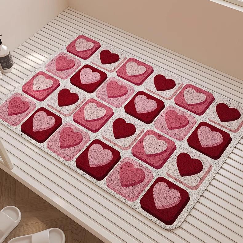Red Heart Non-Slip Silk Loop Bathroom Floor Mat - Anti-Fall Foot Pad for Kids In Toilet & Shower.