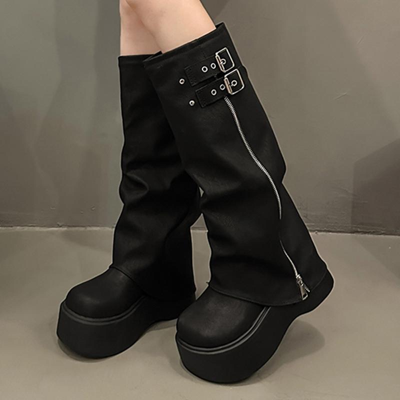 Mode Mode Bottes Mi-Mollet à Boucle pour Femmes Décoration Grande Fermeture Éclair Compensées Bottes à Plateforme Chaussures d'Automne pour Femmes en Faux Cuir