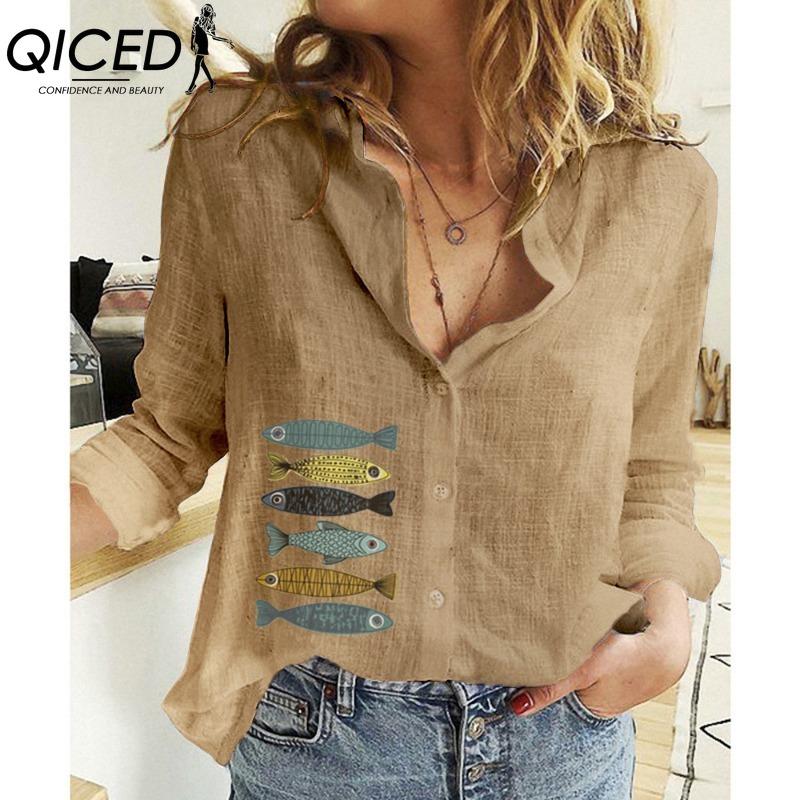 

QICED Women s Fashion Casual Small Fish Print Long Sleeve POLO Neck Blouses & Shirts XXXXXL кавовий