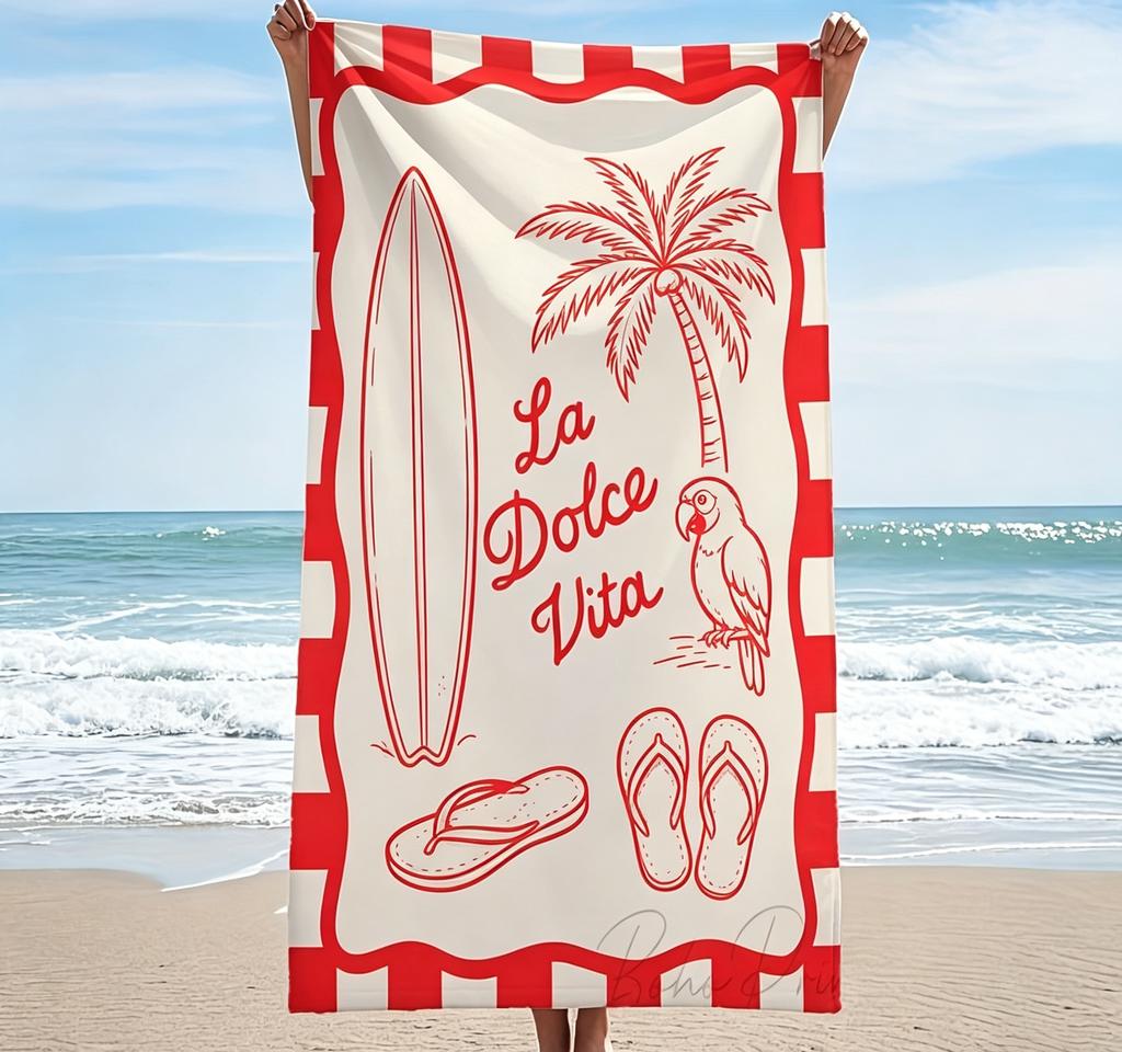 Retro La Dolce Vita Large Beach Towel Summer Towel Oversized Pool Towel Vintage Tropical Print Microfiber Sand Free Bath Towel