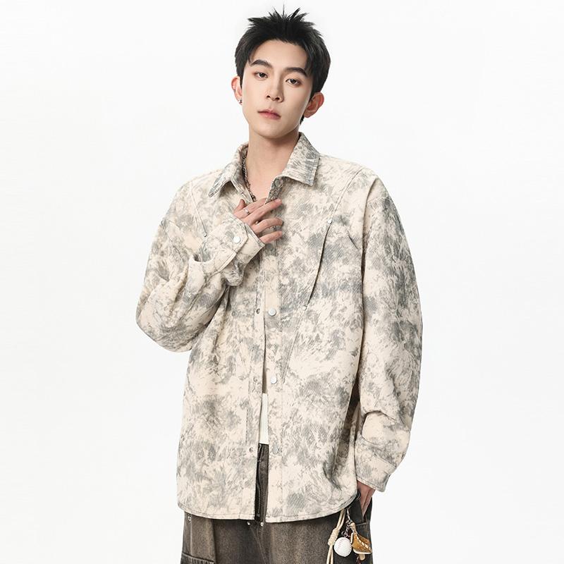 Camicia Oversize Uomo Tie Dye Grigia, Top Casual a Maniche Lunghe con Bottoni Streetwear per Uso Quotidiano