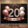 2D Adult 20th Birthday Photography Backdrop Black, Rose Gold Confetti and Diamond Decor