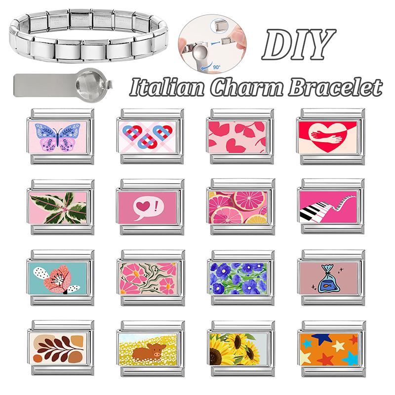 Y2K Pink Sunset Heart Butterfly Piano Star Flowers Italian Charm Links Fit 9mm Stainless Steel Women DIY Making Bracelet Jewelry
