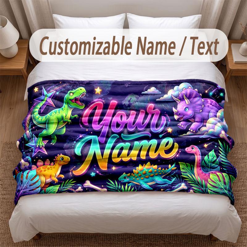 Dinosaur Theme Soft Blanket Personalized Custom Name Text Print Warm Blanket Home Sofa Bedroom Decor