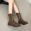 Fashion Women's Embroidered Booties Autumn New Round Toe Rear Zipper Non-Slip Wear-Resistant Block Heel Boots