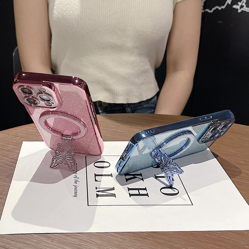 Suitable for Apple 16 Electroplated Eye Glitter Butterfly Stand Phone Case, Anti-drop IPhone15promax Protective Case