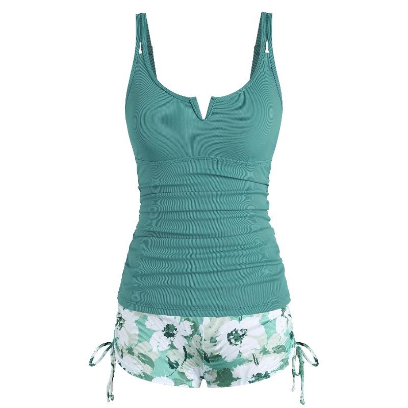 Damen V-Draht Tankini Badeanzüge Bauchkontrolle Raffiniertes Oberteil Zweiteiliger Badeanzug mit High-Waist Shorts