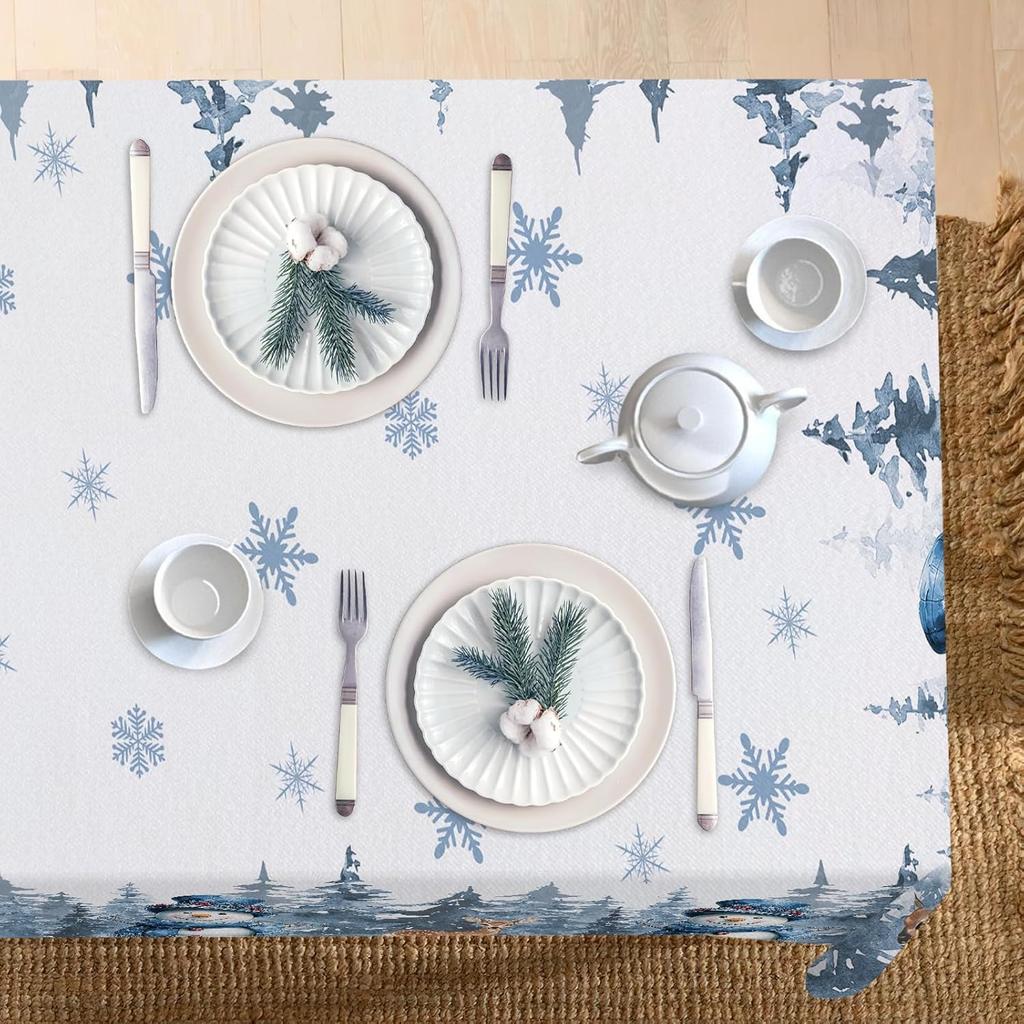 Christmas Snowman Reindeer Pine Tree Waterproof Tablecloth Table Decor Reusable Kitchen Dining Tablecloth Christmas Decorations