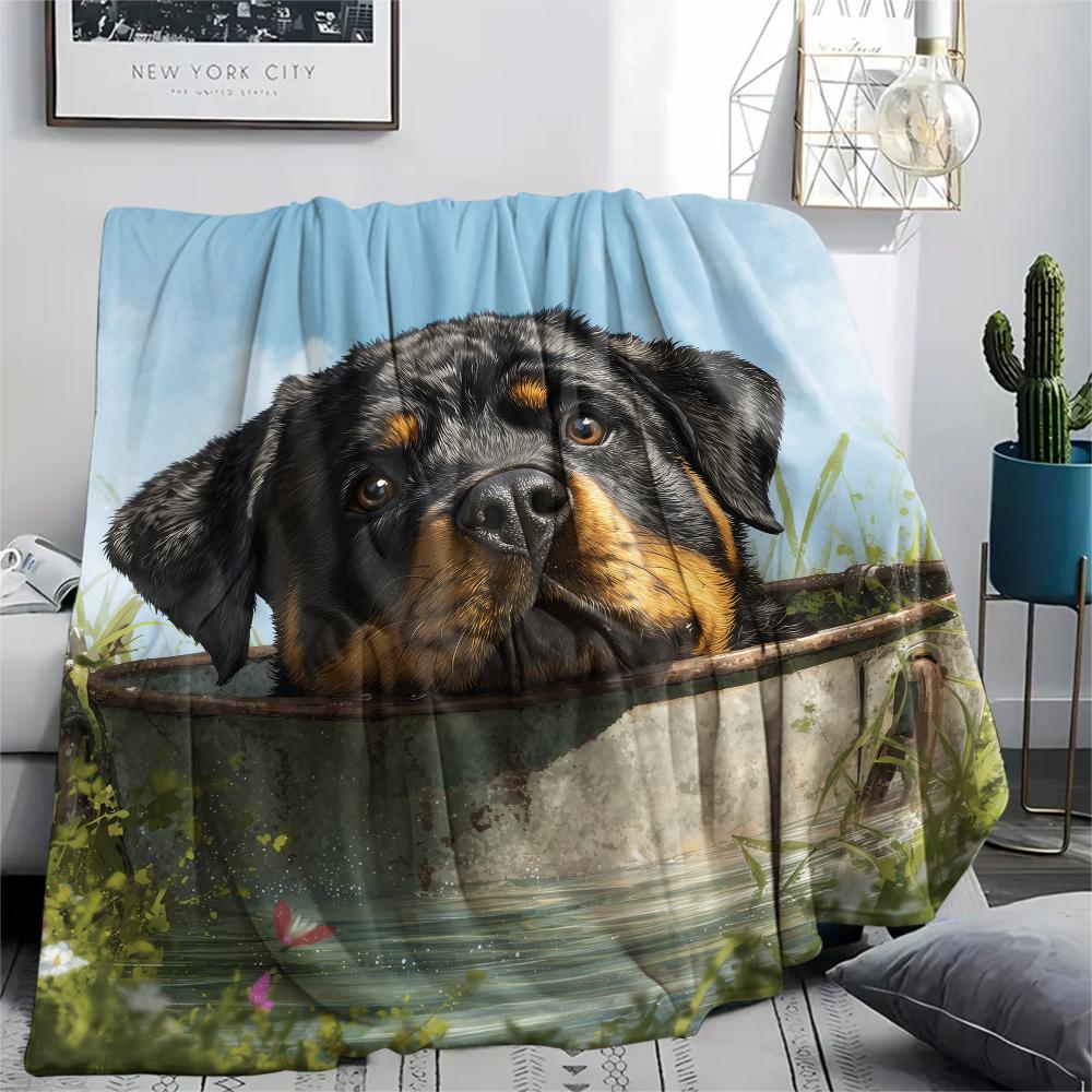 Rottweiler and Grass,pattern Flannel Blanket, High quality Comfortable for All Seasons, Home Decor, Warmth and Comfort, Perfect for Gifts.