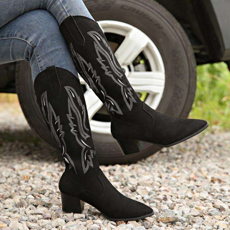 Women's Plus Size Embroidered Over-the-Knee Denim Boots, Chunky Heel Retro Ethnic Stretch Riding Boots