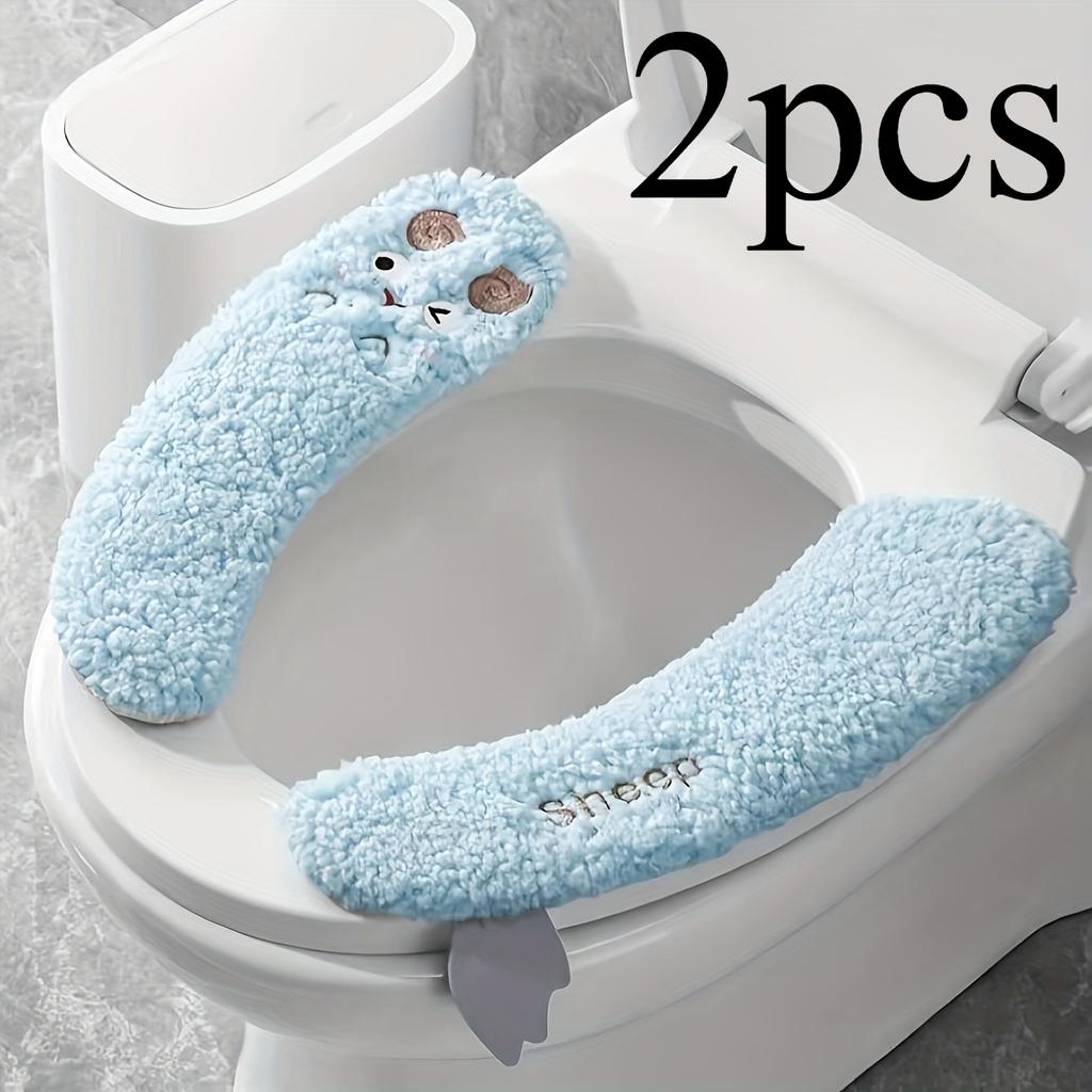 1 Pereche de Huse de Toaletă din Pluș în Formă de Oaie - Groase, Călduroase, Aseptice, Confort pentru Toate Sezoanele, Poliester Moale, Lavabile Manual cu Spate Adeziv