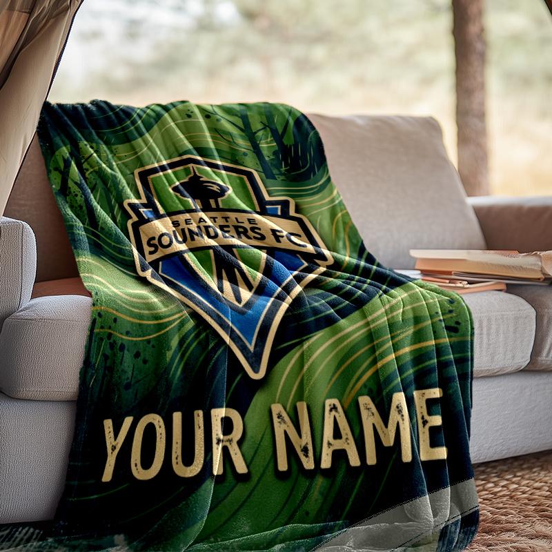 Custom Name Seattle Sounders Fc Crest Throw Blanket - Perfect for Couch, Bed, Office, and outdoor Travel - Ideal Gift for Christmas & Holidays