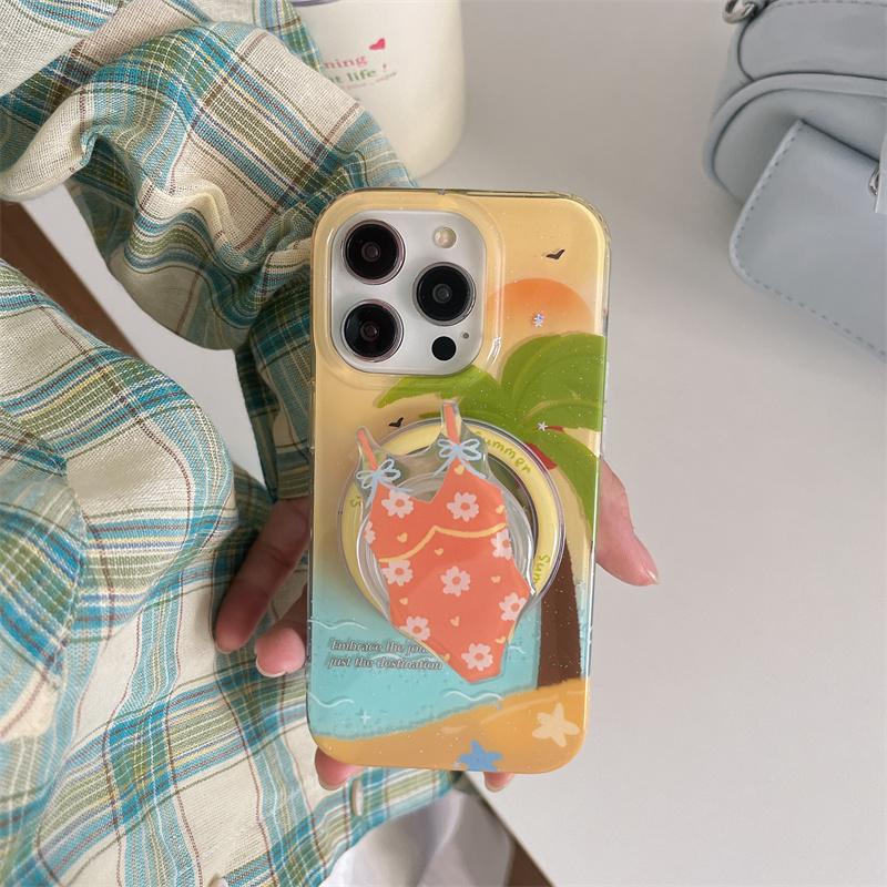 Summer Beach Coconut Tree Magnetic Phone Case For iPhone 16 Pro 15 13 14 Pro Max Cover with Stand Holder Cute Cases for Magsafe