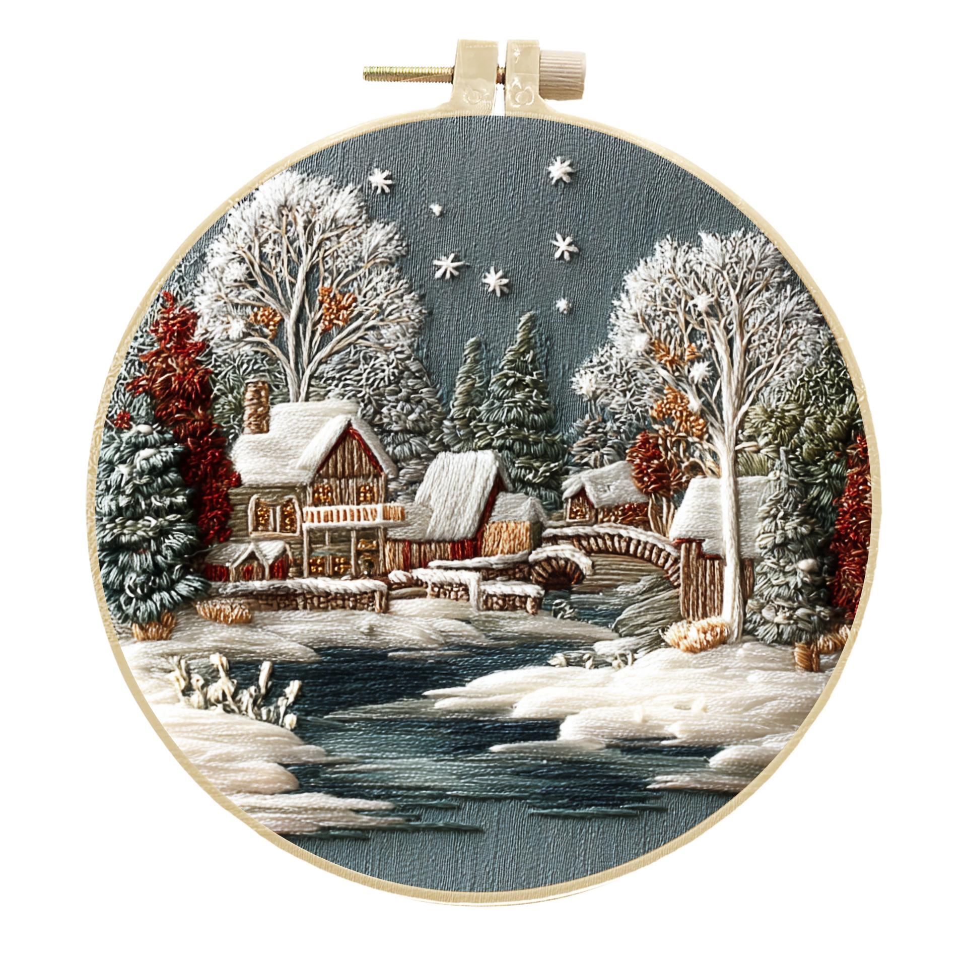

1 набор для ручной вышивки на тему зимнего пейзажа, включая инструменты, подходит для начинающих, с учебником по стежкам. Набор для вышивания и рукоделия из ткани своими руками. 20cm