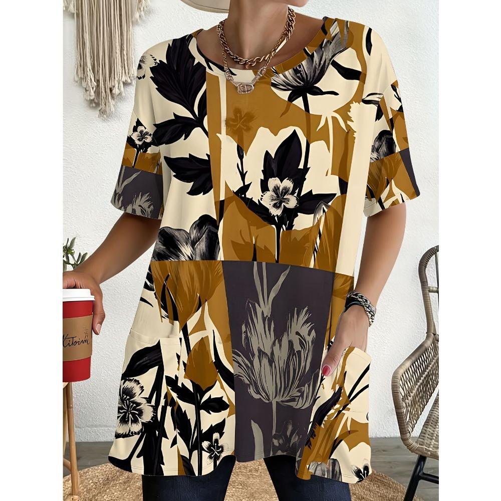 Women's Summer Short Sleeved T-shirt, 3D Printed Pocket T-shirt, Casual Plus Size T-shirt