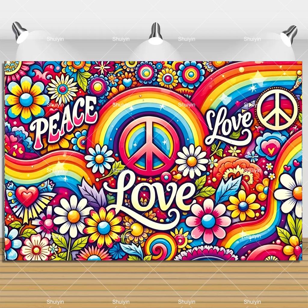 Colorful Peace Love Retro Hippie Bus Dyed Backdrop Kids Birthday Party Decorations Bohemian Style Guitar Floral Photography Prop