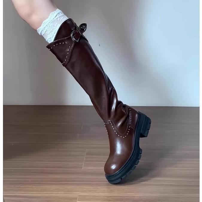 Thick-soled thick-heeled brown Maillard tall long boots women's summer 2025 new autumn western cowboy knight boots