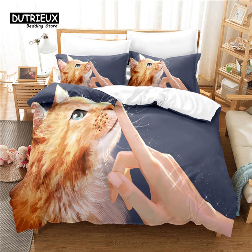 Funny Cat Duvet Cover Microfiber Pet Bedding Set Full King For Kids Child Cat Lovers Decor Cute Animal Quilt Cover Pillowcases