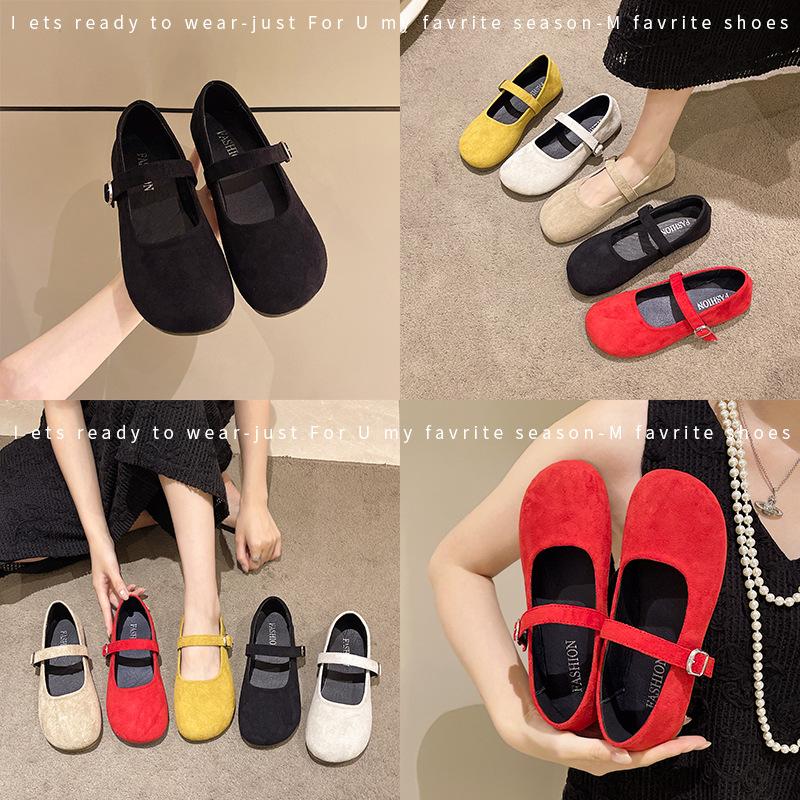 2025 new large size retro matte leather Mary Jane shoes women's flat single shoes one-word buckle with shallow mouth ballerina