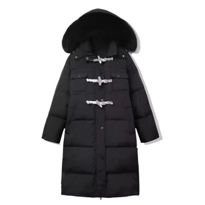 New Horn Buckle Winter Down Cotton Clothes Women's Medium and Long Thickened Large Fur Collar Hooded Thickened Jacket Black