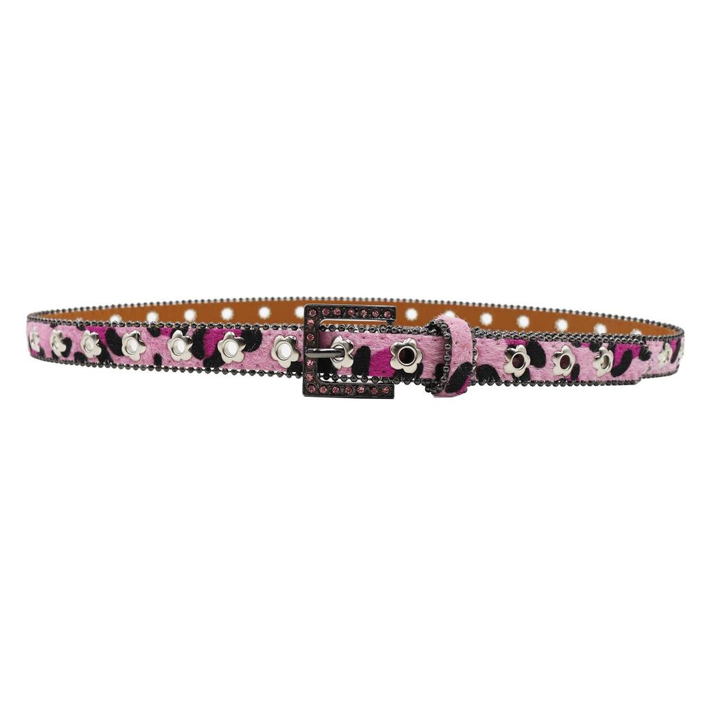 Luxury 2.3cm Leopard Print Leather Belt with Floral Eyelets & Rhinestones, No Punching Needed, Pin Buckle, Fully Diamond-Encrusted.