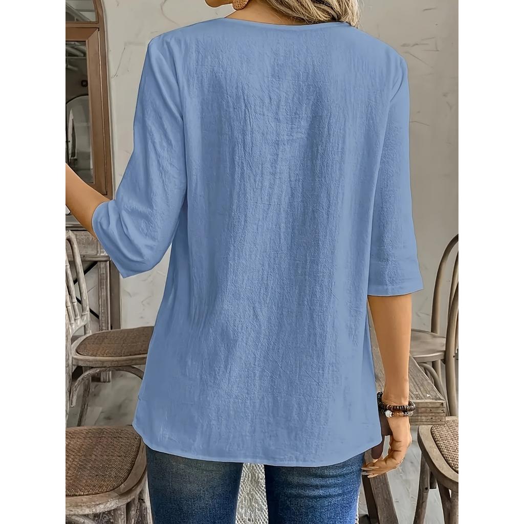 Ladies' Detail V-neck Patch Splicing Design Solid Color Shirt