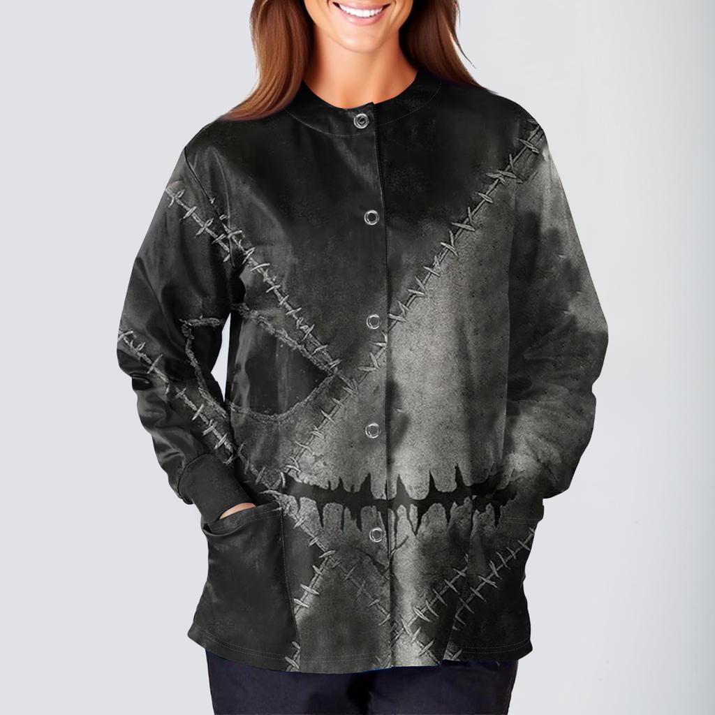 Women's Casual Fashion Long Sleeve Standing Collar Single Breasted Halloween Print Workwear Jacket Tops