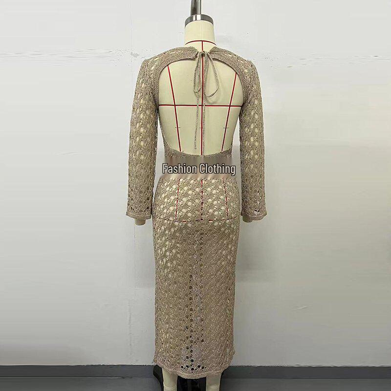 Women's Sexy Hollow Long-Sleeve Round Neck Vacation Beach Cover-Up Dress