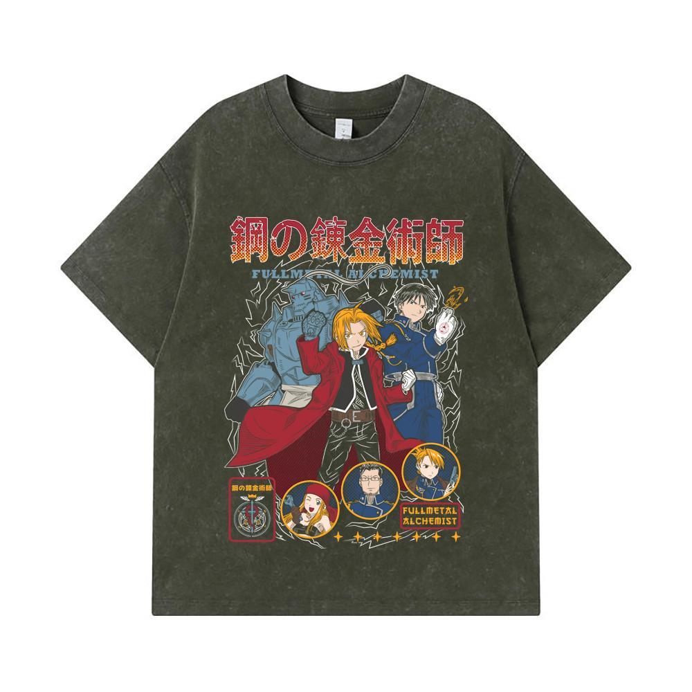

275 GSM Washed T-shirts 100% Cotton Fullmetal Alchemist V2 Print Unisex Heavy Cotton T Shirt S армия зеленый