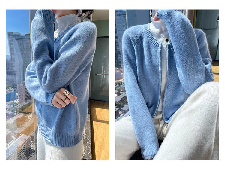 Korean Style Retro Round Neck Knit Cardigan for Women - Petite Autumn High Waist Zip Sweater