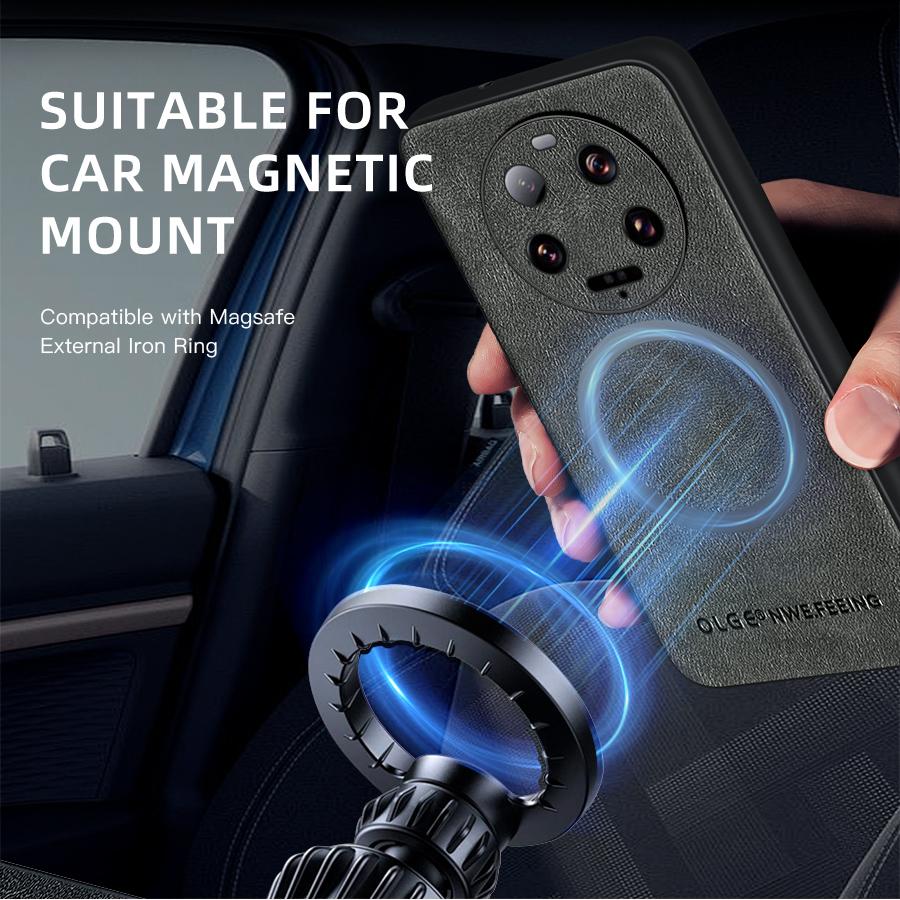 OLGE Luxury Leather Texture Case for Xiaomi 13 Ultra Mi 13 14 Pro Support Wireless Charging Magnetic Protective Cover Funda