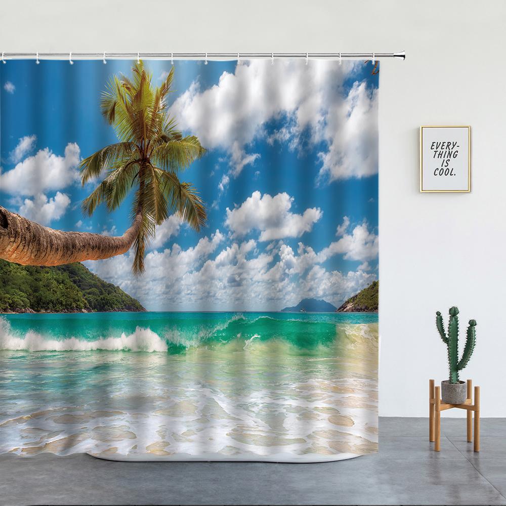 Beach Palm Trees Shower Curtains Sunset Island Hawaii Ocean Natural Landscape Polyester Bathroom Decor Cloth Bathtub Curtain Set
