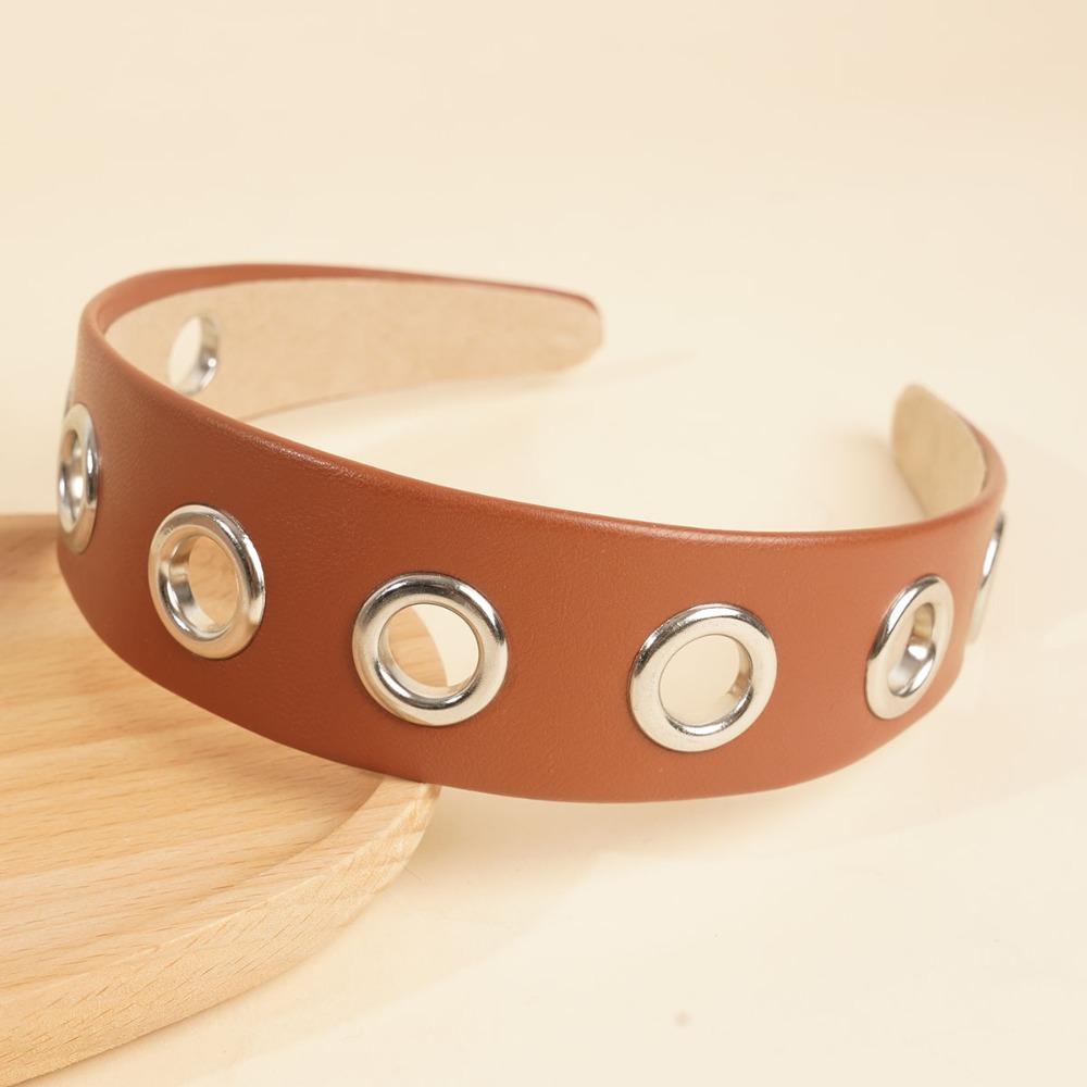 Solid Color Hollow Metal Headband Grommet Pu Leather Hair Band Punk Headwrap  Punk Style коричневый