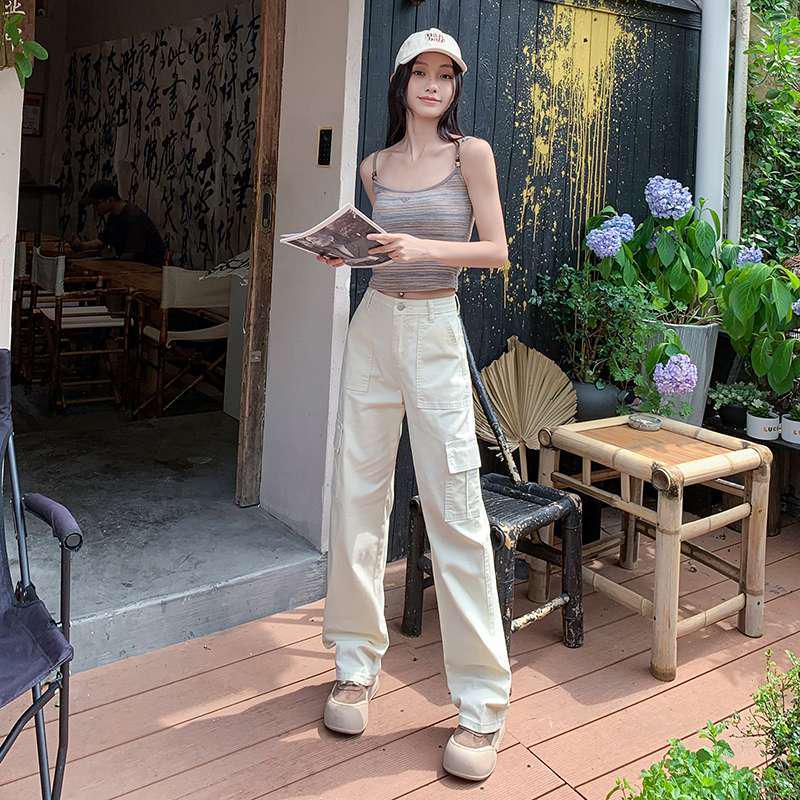 Women s Apricot Straight-Leg Workwear Jeans: Spring/Summer Retro Wide-Leg Pants Extra Small