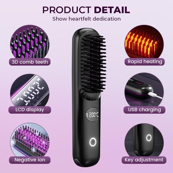 Bærbar rettetangbørste - Rettetang Oppladbar Trådløs Rettetangkam, Rask Oppvarming Trådløst Mini Reisefrisørverktøy