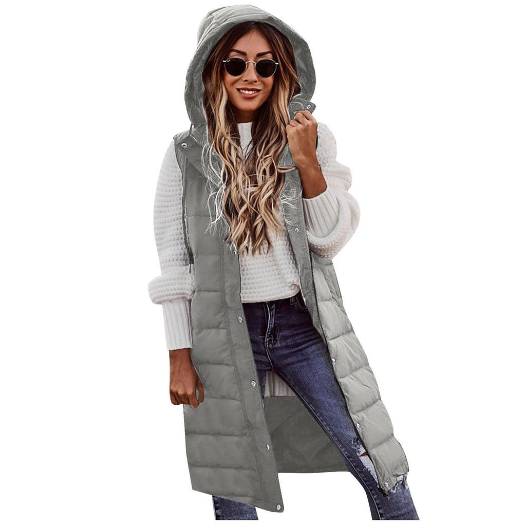 New European & American Fashion: Women's Solid Color Hooded Slim-Fit Sleeveless Mid-Length Cotton Vest