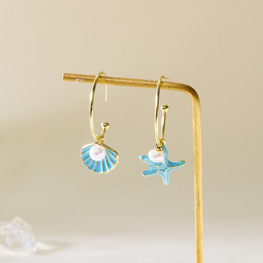 Fresh Style Shell Pearl Earrings For Women With Asymmetric Design And Electroplated Alloy