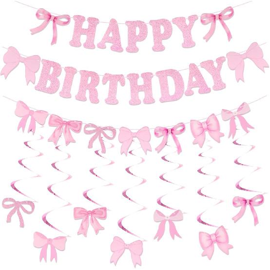 Pink Bow Happy Birthday Garland, Bow Garland Banner, Pink Happy Birthday Decorations Set for Girls  Birthdays Party Supplies (Style A) Style B