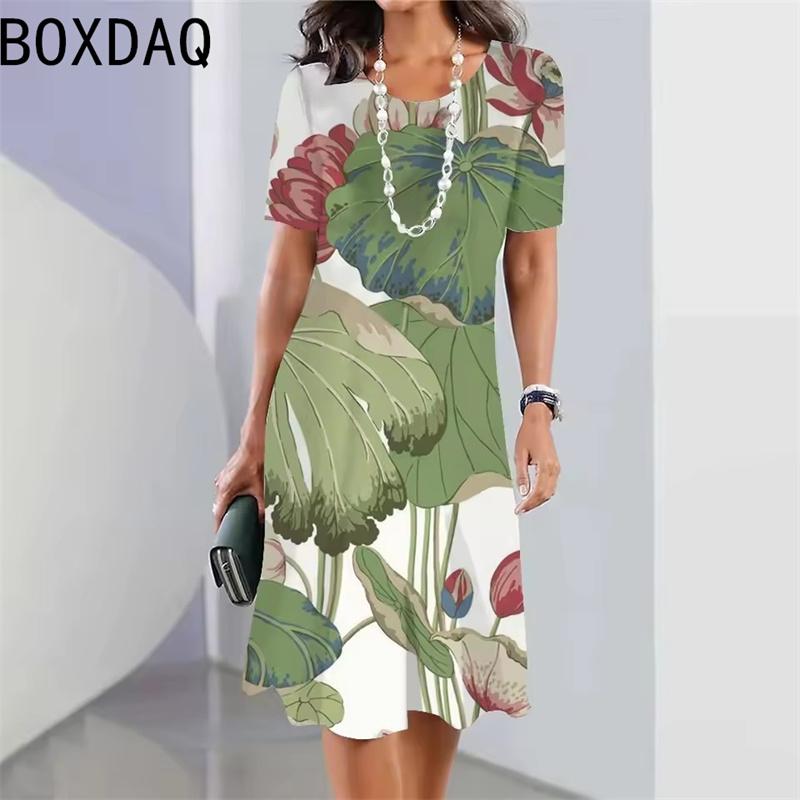 3D Hawaii Coconut Tree Print A-Line Dress Women Summer Beach Elegant Boho A-Line Dress Big Size Short Sleeve O-Neck Casual Dress