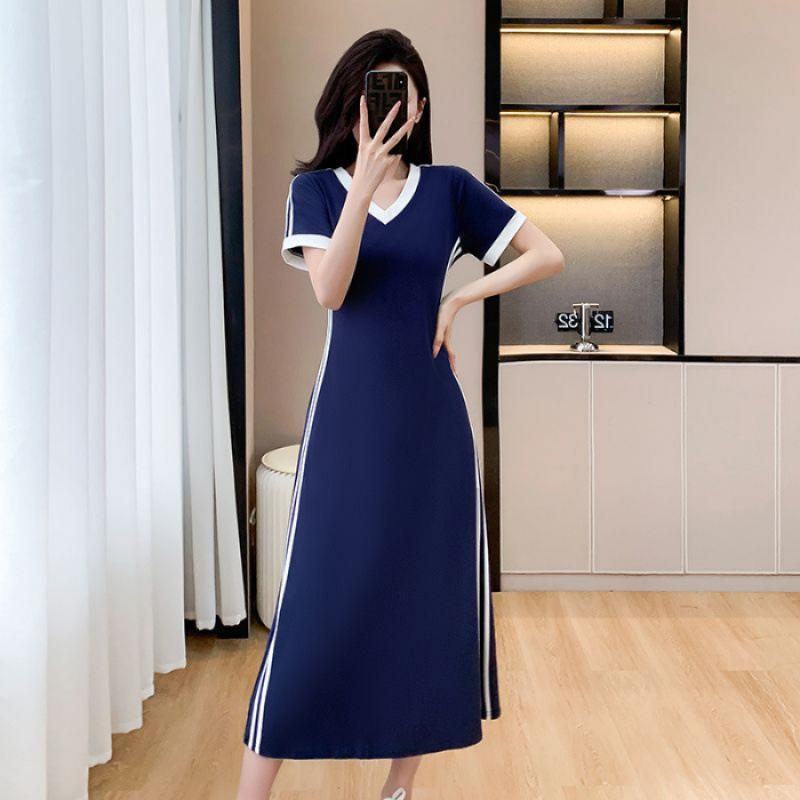 

New V-neck A-word skirt Casual temperament Cover the belly and reduce the age, waist super long sports dress for women 4XL