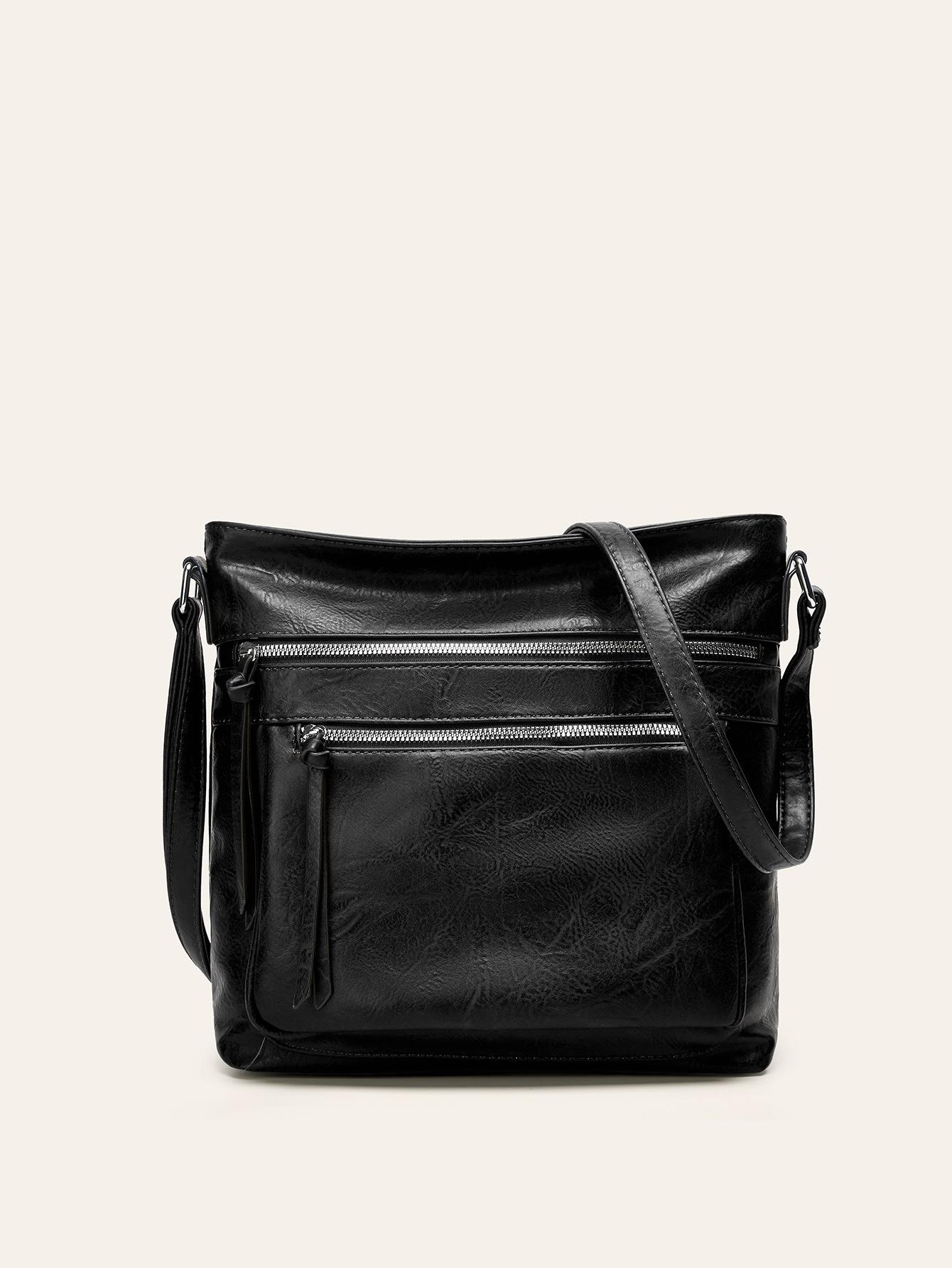 

Retro double zipper large capacity shoulder messenger bag fashion casual women s bag trend bag spot чёрный