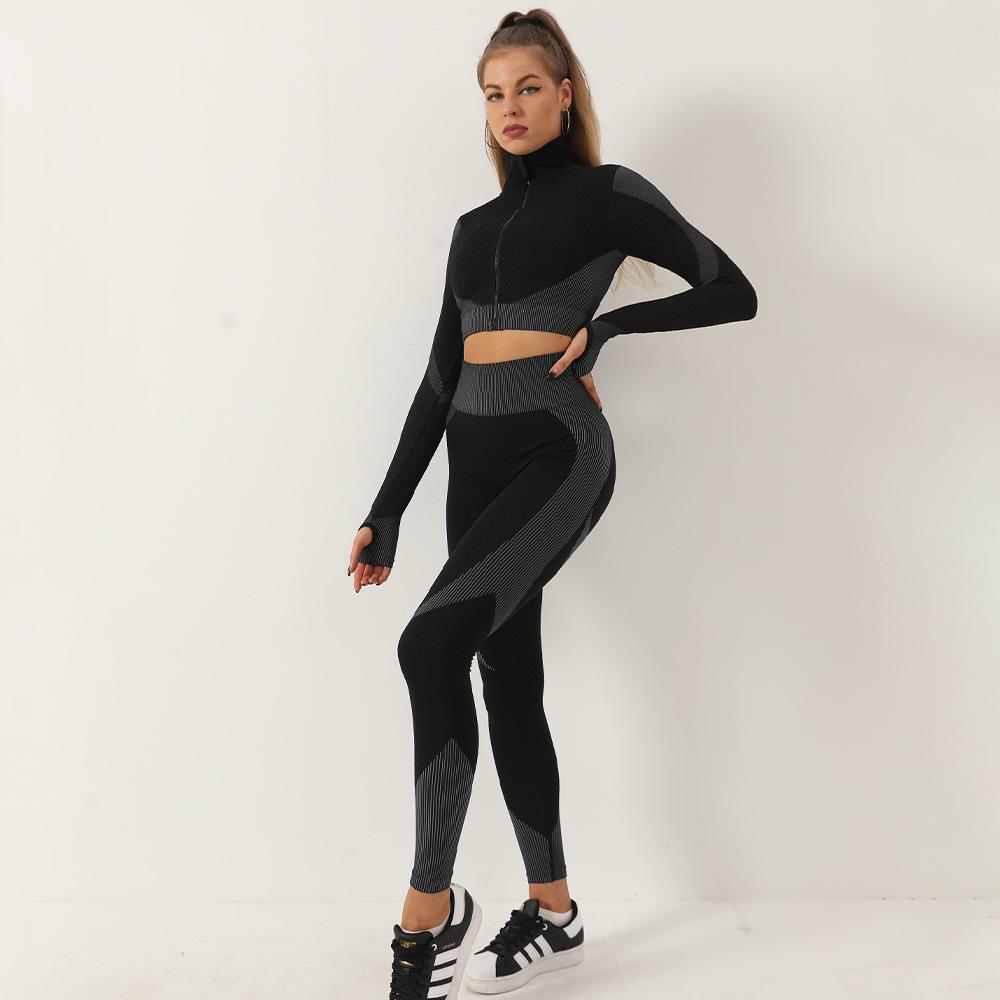 Damen High-Waist Schnelltrocknendes Yoga-Set: Langärmeliges Oberteil & Hose, ideal für Herbst/Winter-Fitness.